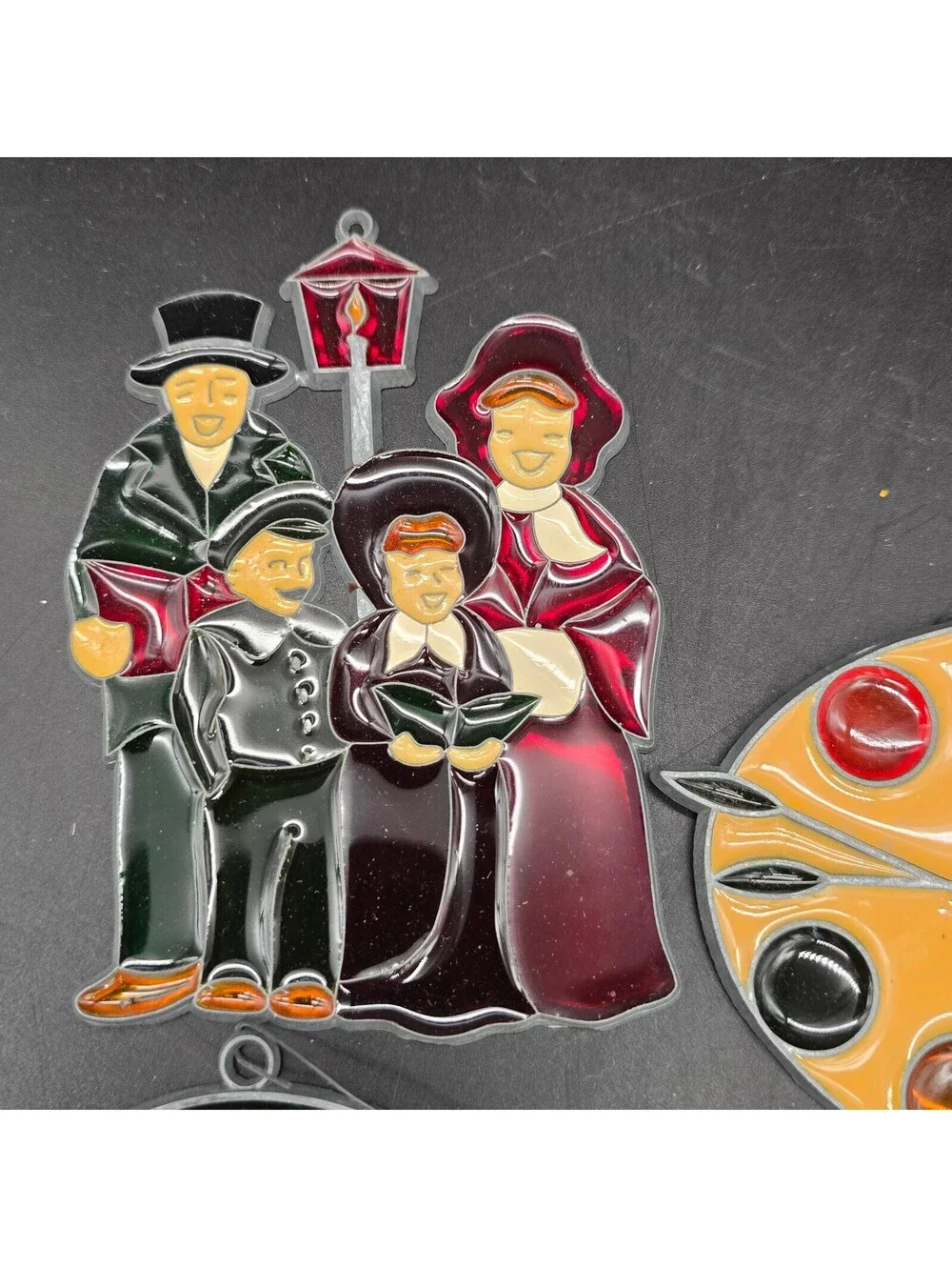 Vintage Faux Stained Glass Suncatcher Lot of 4 Christmas Carolers Church Palette